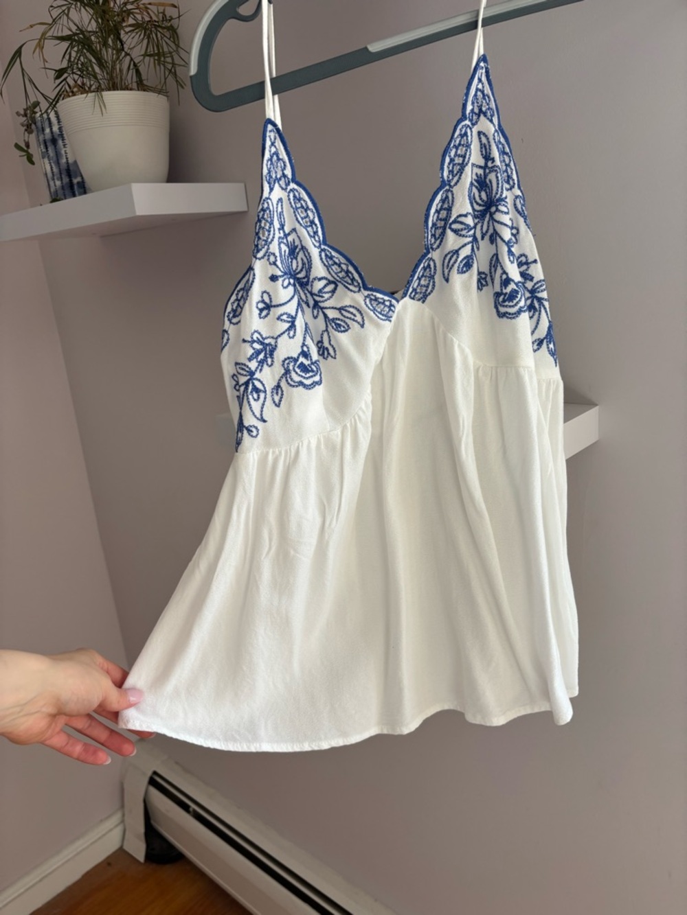 love on a hanger White Camisole with Blue Floral Embroidery